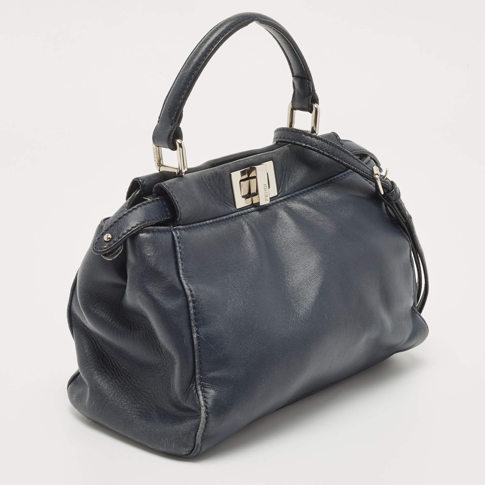 Fendi Navy Blue Leather Mini Peekaboo Top Handle Bag In Fair Condition In Dubai, Al Qouz 2