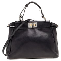 Fendi Navy Blue Leather Mini Peekaboo Top Handle Bag