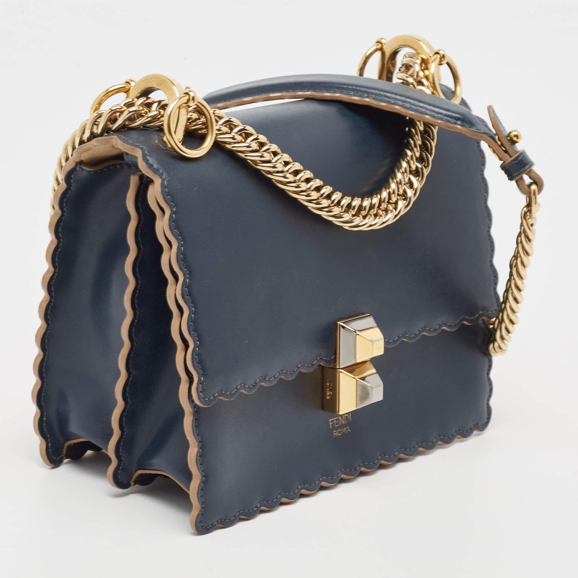 Women's Fendi Navy Blue Leather Mini Scalloped Kan I Shoulder Bag For Sale