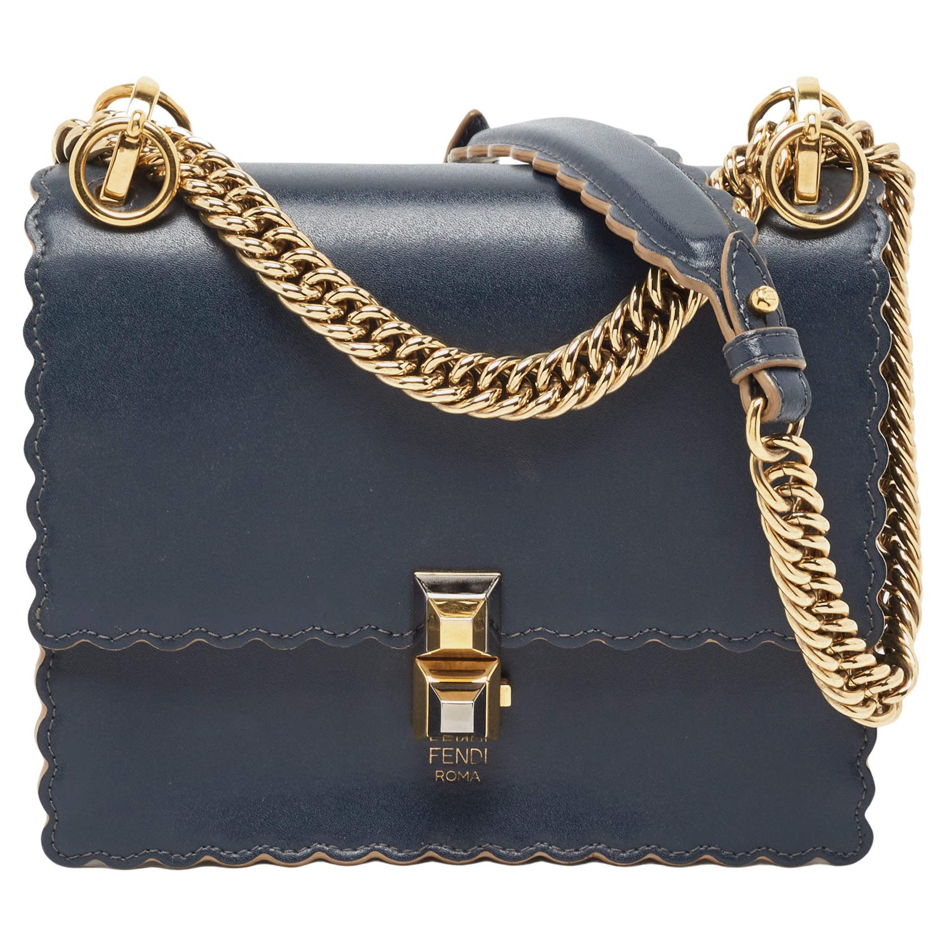 Fendi Navy Blue Leather Mini Scalloped Kan I Shoulder Bag For Sale