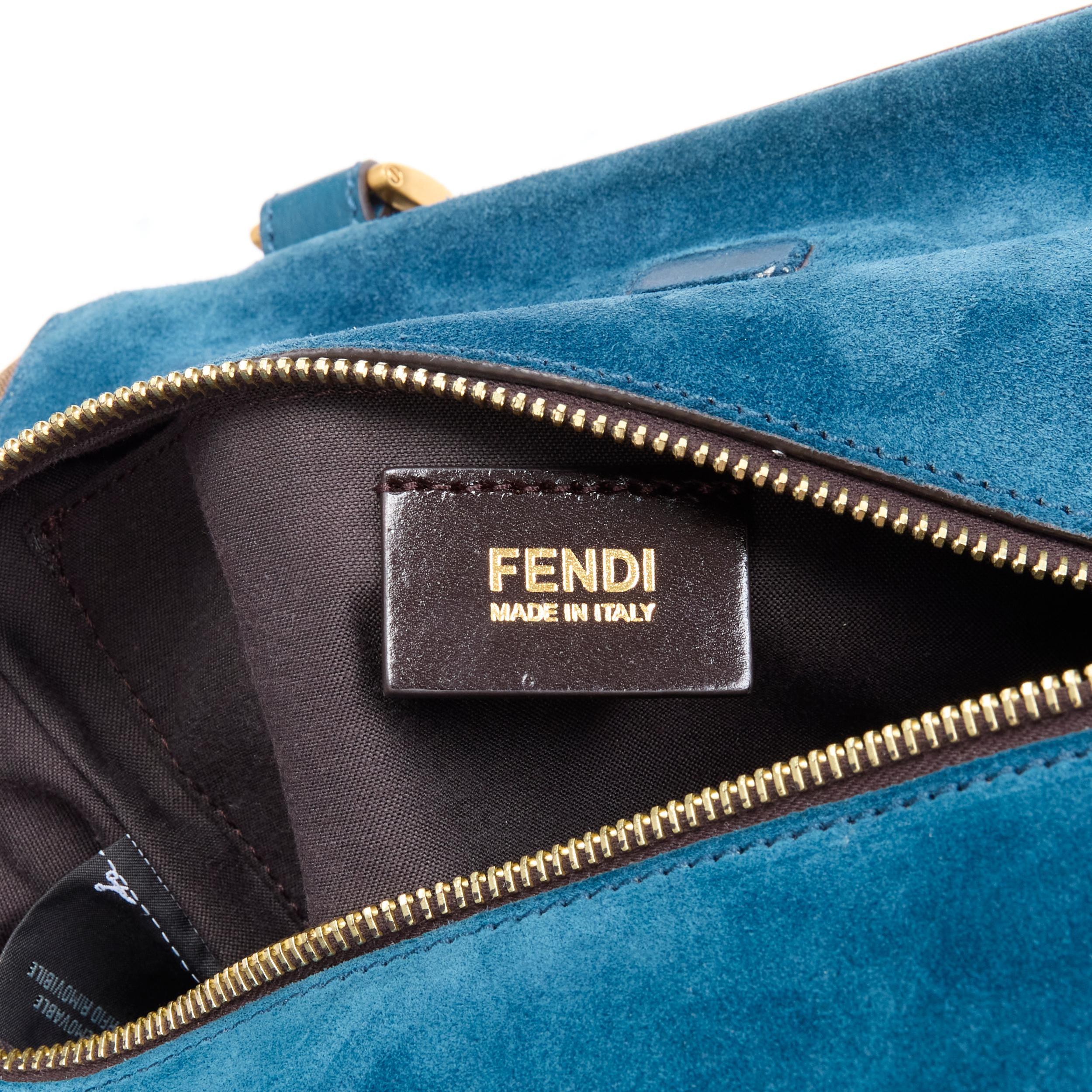 FENDI navy blue leather Penguine stripe canvas flared side tote bag For Sale 2