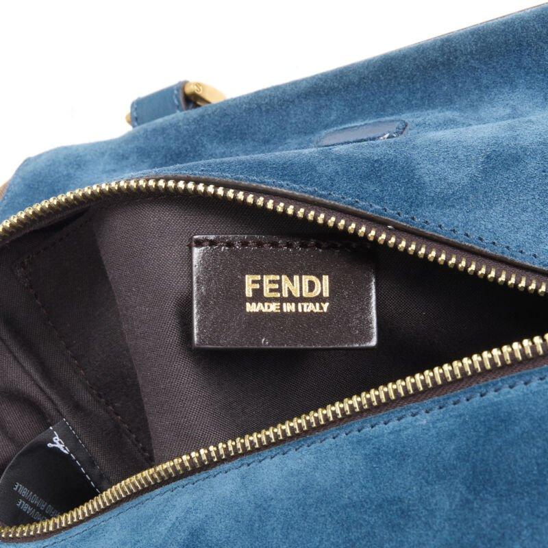FENDI navy blue leather Penguine stripe canvas flared side tote bag For Sale 5