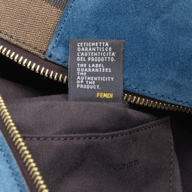 FENDI navy blue leather Penguine stripe canvas flared side tote bag For Sale 6