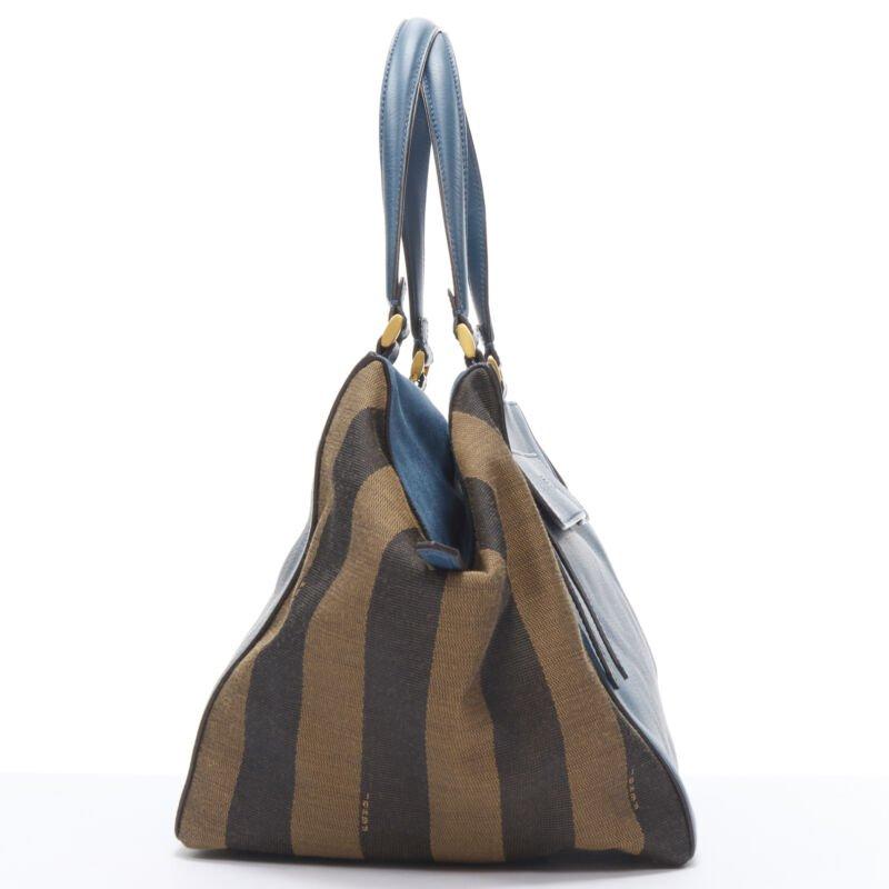 Gray FENDI navy blue leather Penguine stripe canvas flared side tote bag For Sale
