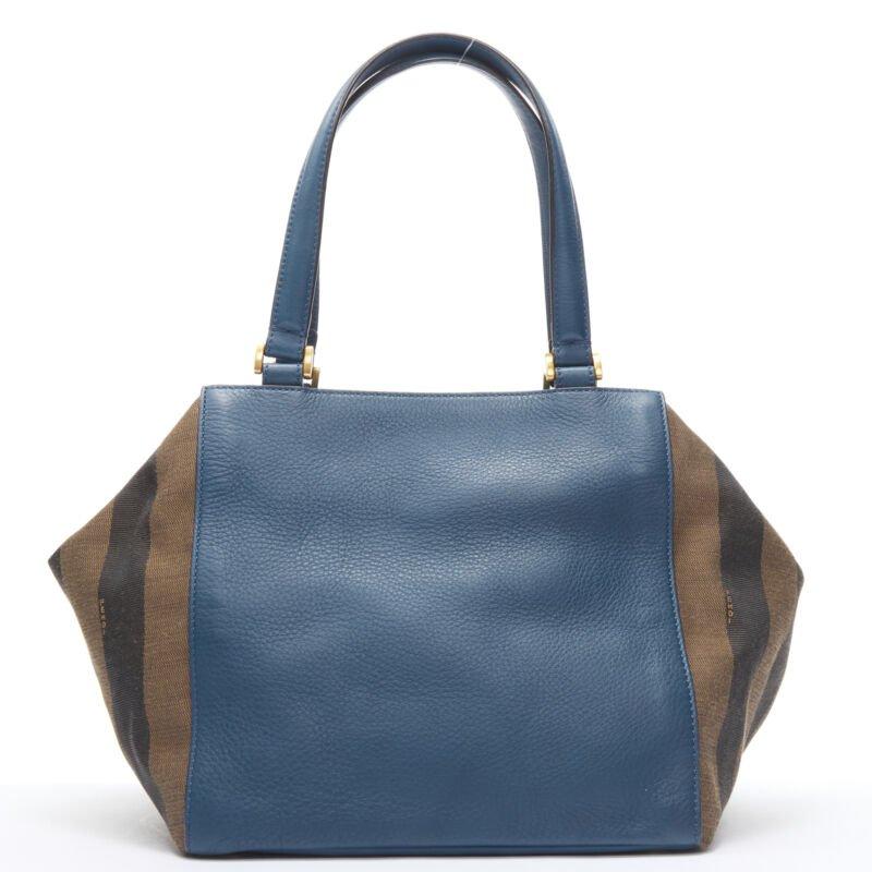 FENDI navy blue leather Penguine stripe canvas flared side tote bag In Excellent Condition For Sale In Hong Kong, NT