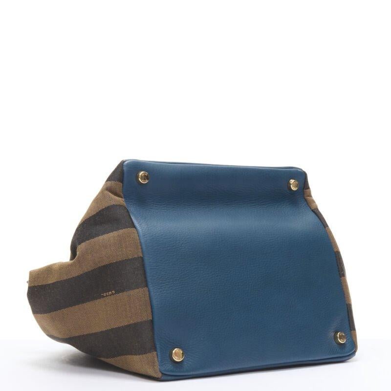 Women's FENDI navy blue leather Penguine stripe canvas flared side tote bag For Sale