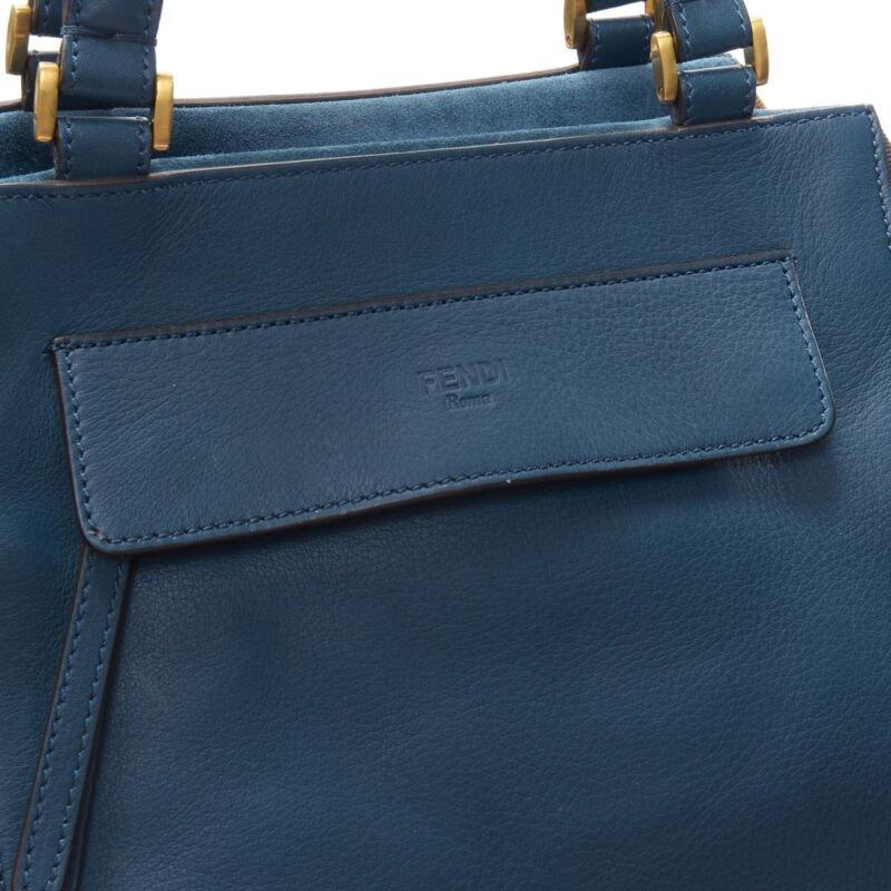 FENDI navy blue leather Penguine stripe canvas flared side tote bag For Sale 1