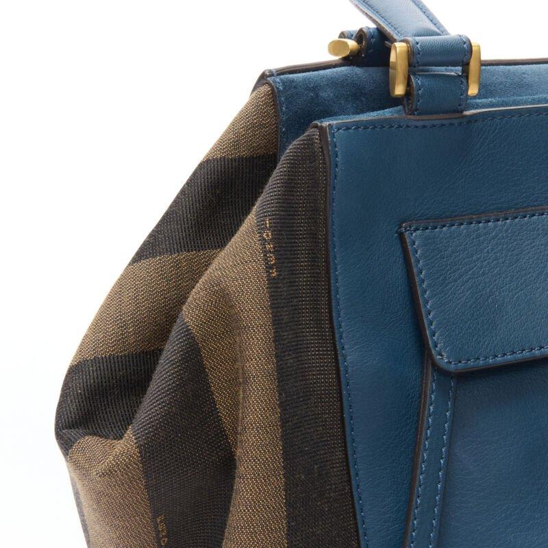 FENDI navy blue leather Penguine stripe canvas flared side tote bag For Sale 2