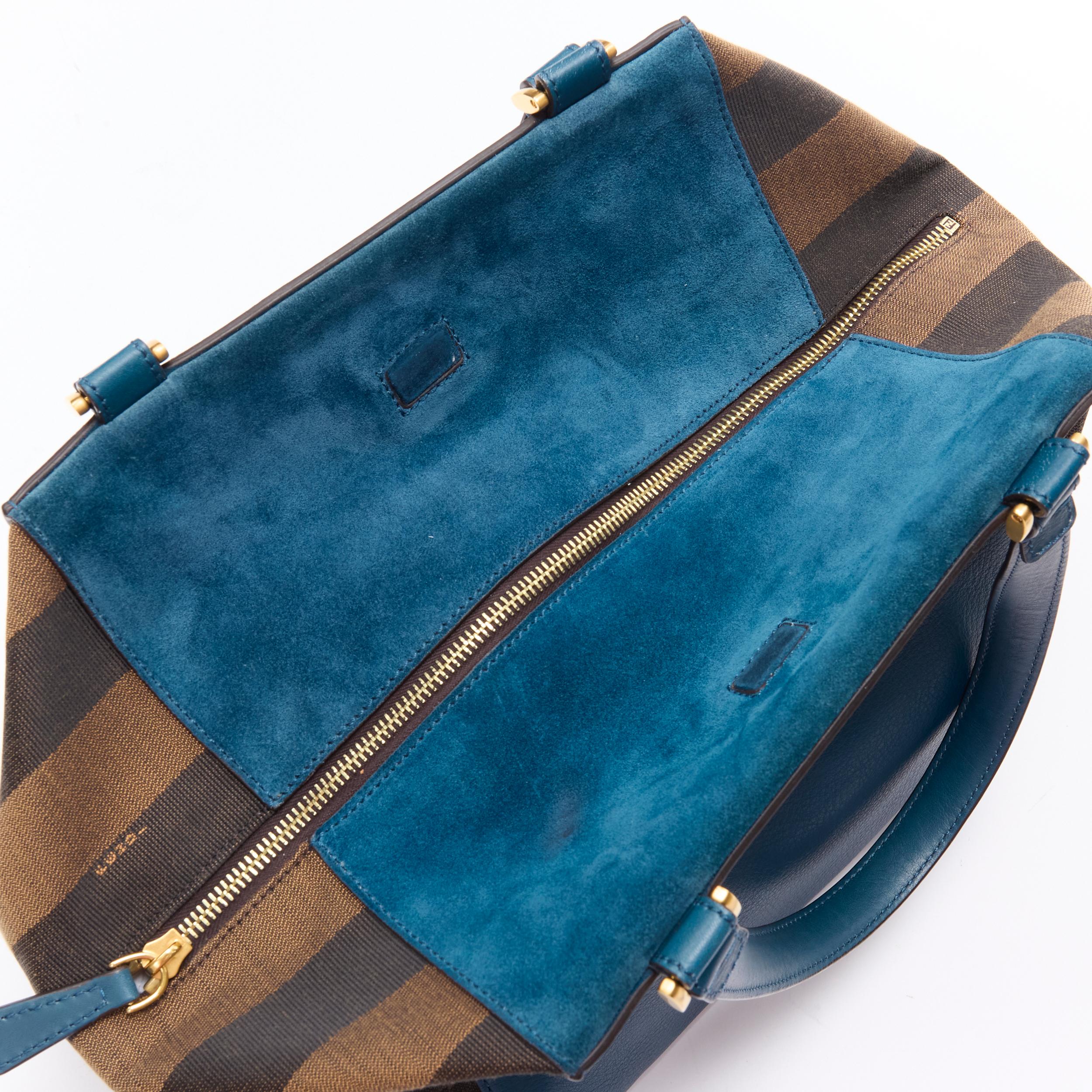 Women's FENDI navy blue leather Penguine stripe canvas flared side tote bag For Sale