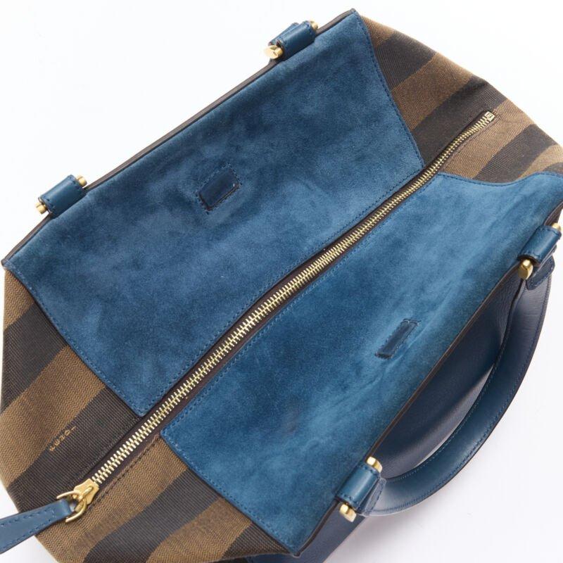FENDI navy blue leather Penguine stripe canvas flared side tote bag For Sale 3