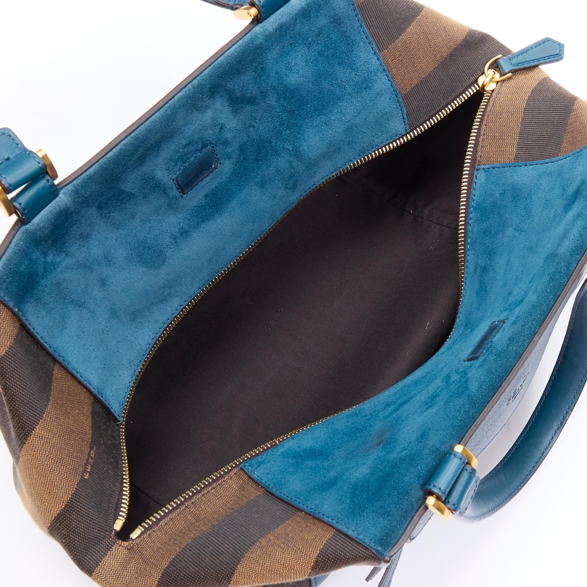 FENDI navy blue leather Penguine stripe canvas flared side tote bag For Sale 1