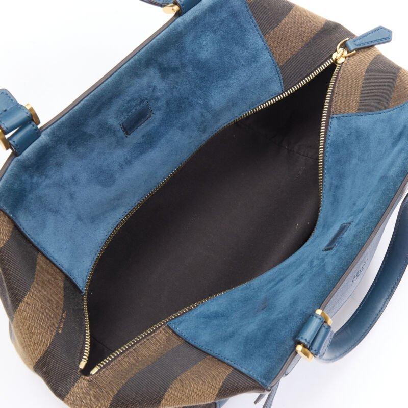 FENDI navy blue leather Penguine stripe canvas flared side tote bag For Sale 4