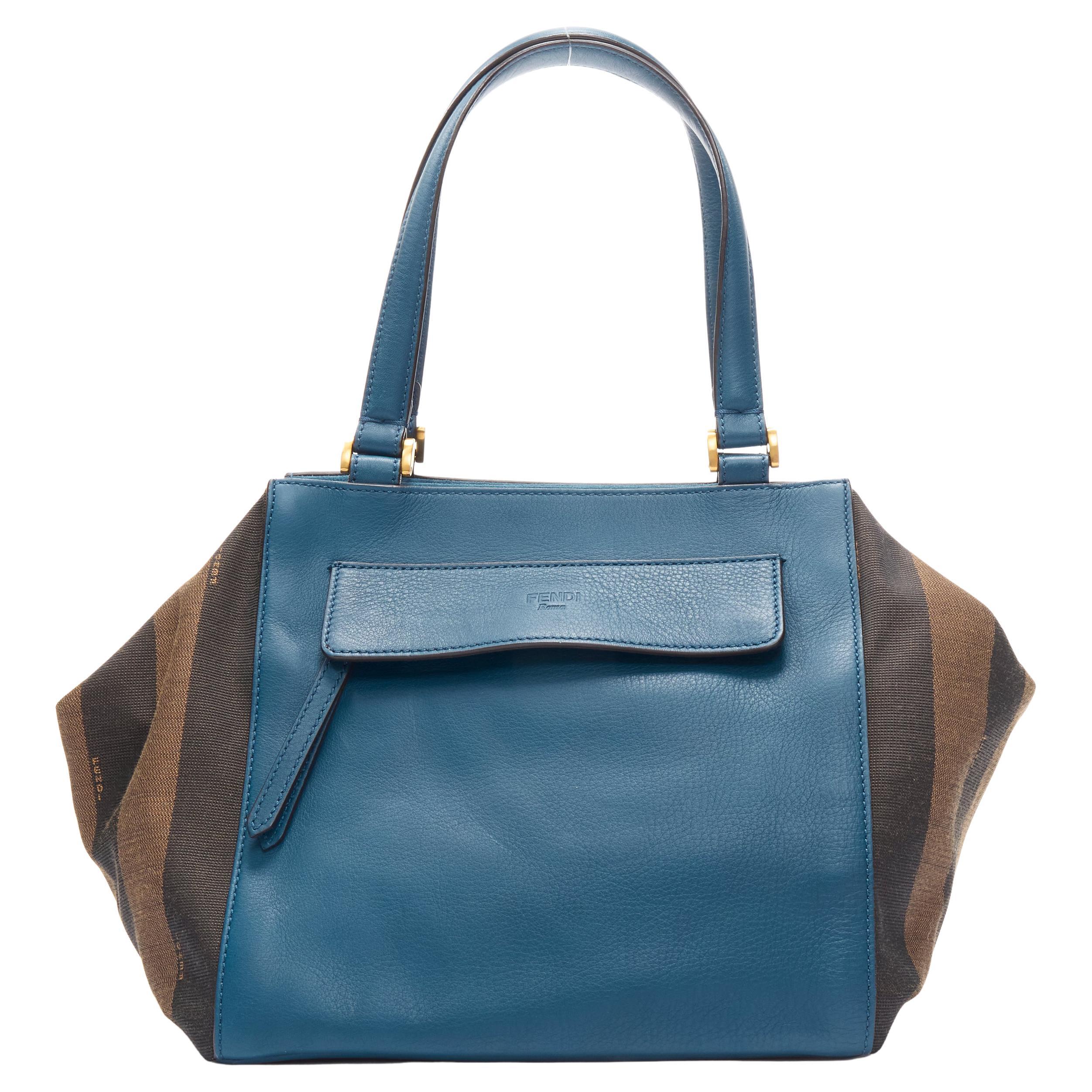 FENDI navy blue leather Penguine stripe canvas flared side tote bag For Sale