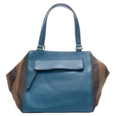 FENDI bleu marine cuir Penguine stripe canvas flared side tote bag