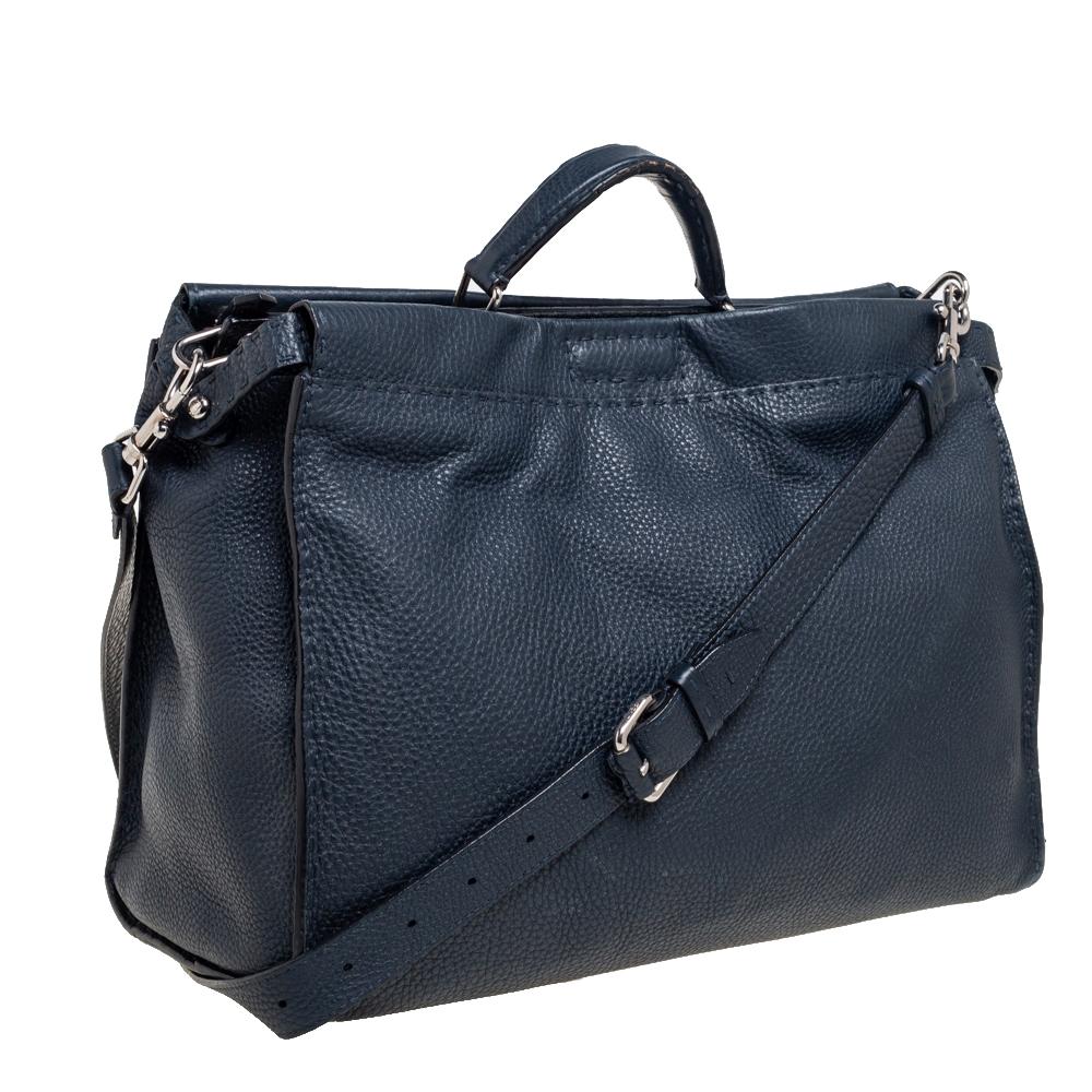 Black Fendi Navy Blue Leather Selleria Peekaboo Top Handle Bag