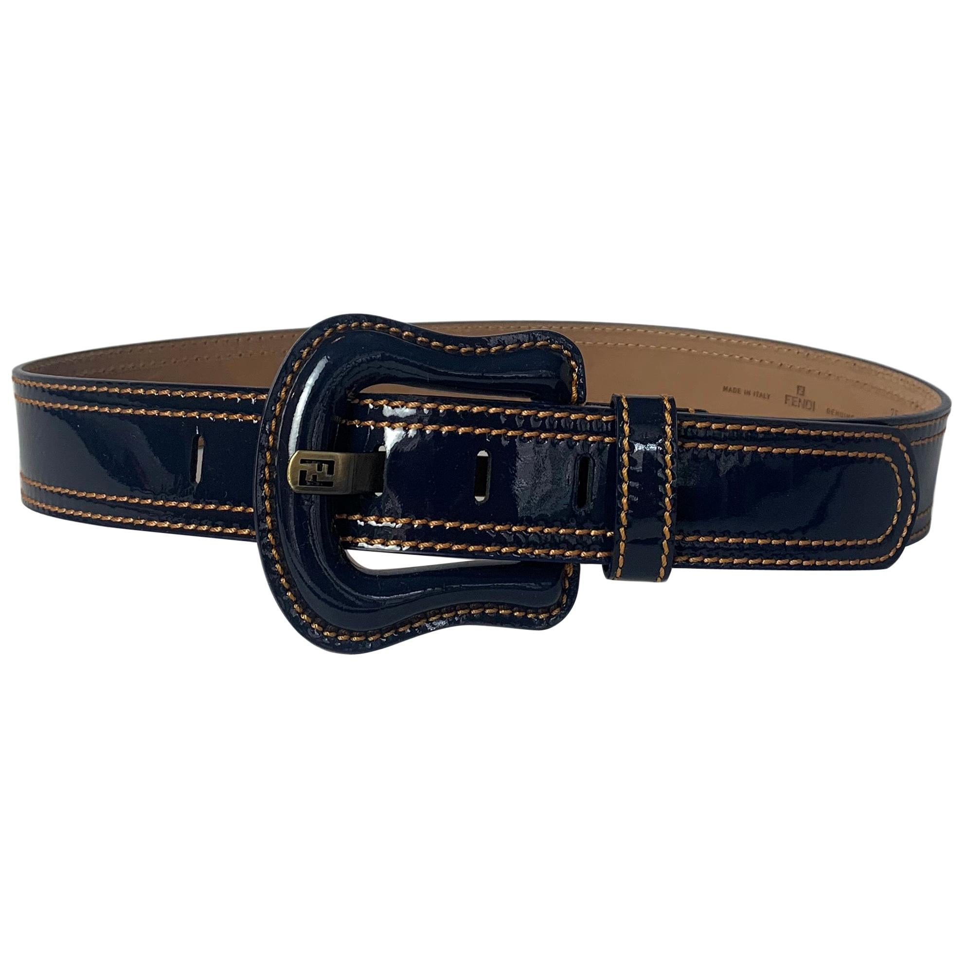 Fendi Navy Blue Patent Leather Buckle Belt w/ Contrast Stitching sz 75cm/30"