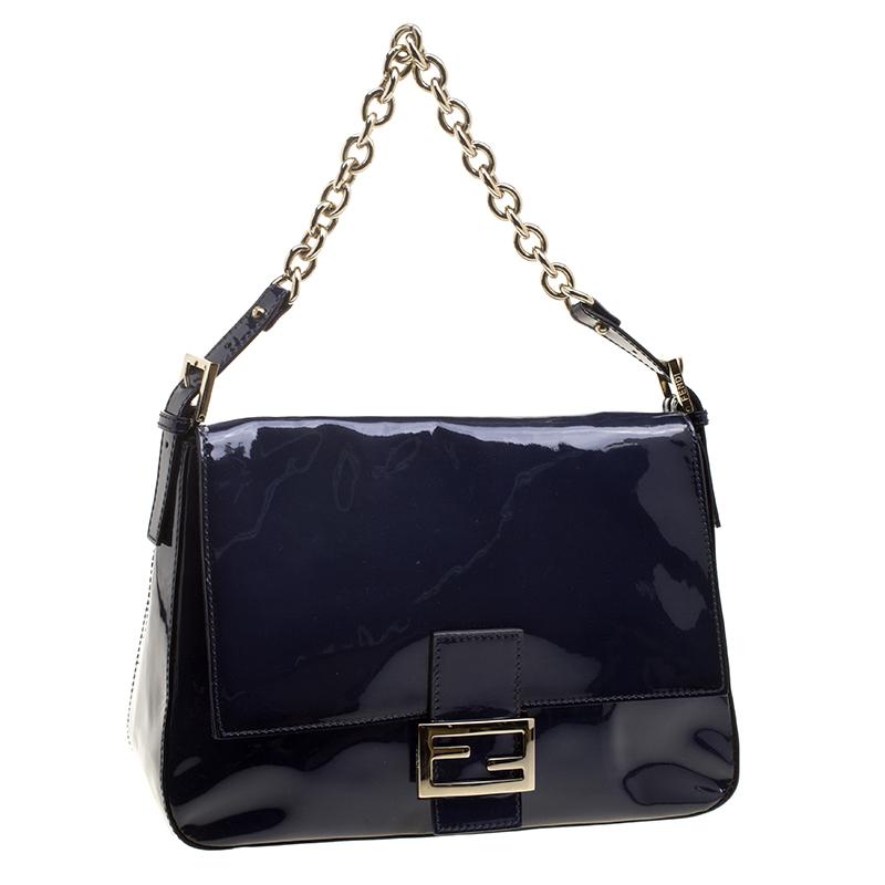 Black Fendi Navy Blue Patent Leather Mama Forever Shoulder Bag