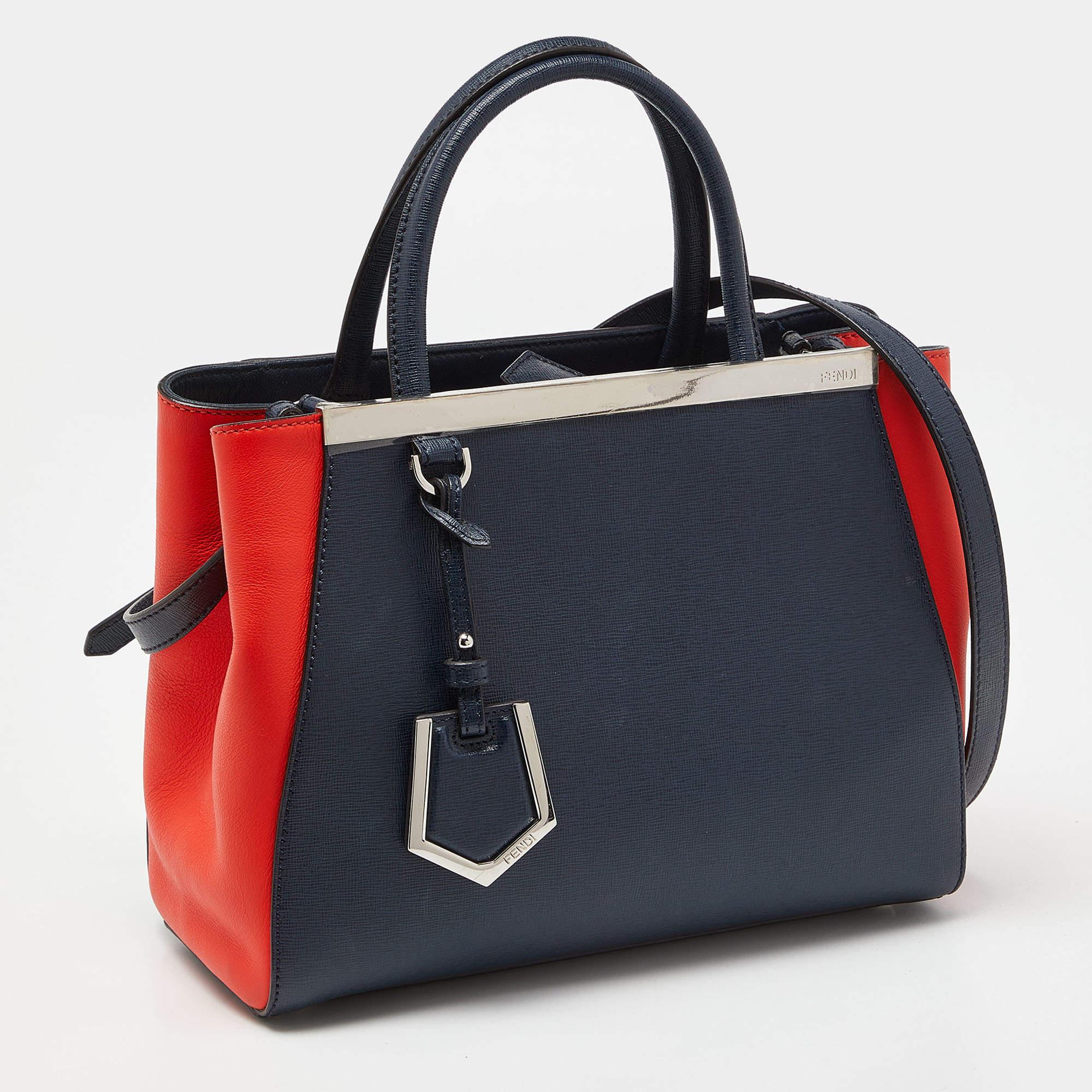 Fendi Navy Blue/Red Leather Petite Sac 2jours Tote For Sale 8