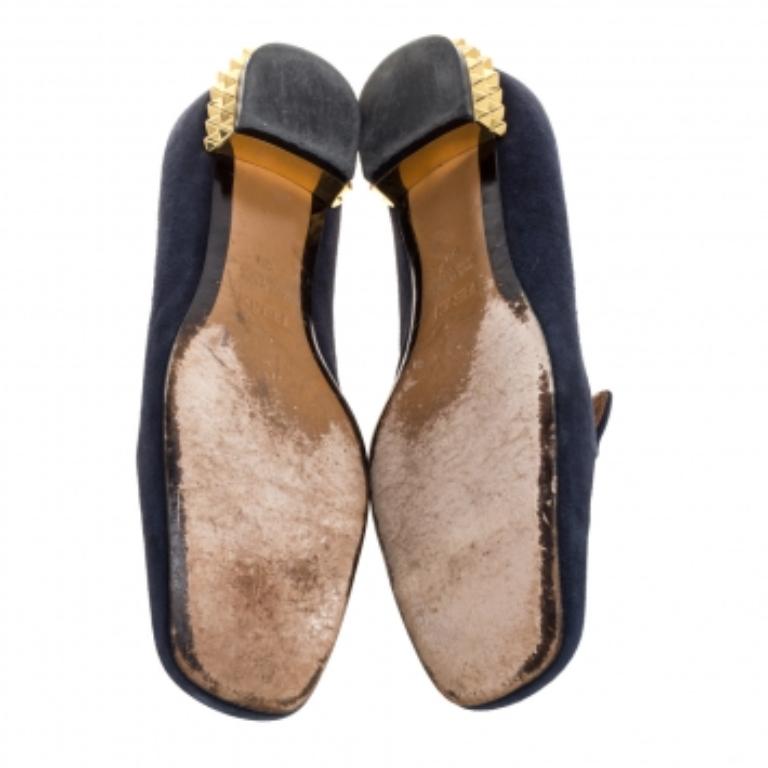 Black Fendi Navy Blue Suede Studded Heel Smoking Slippers Size 38 For Sale