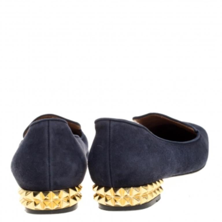 Fendi Navy Blue Suede Studded Heel Smoking Slippers Size 38 In Fair Condition For Sale In Dubai, Al Qouz 2