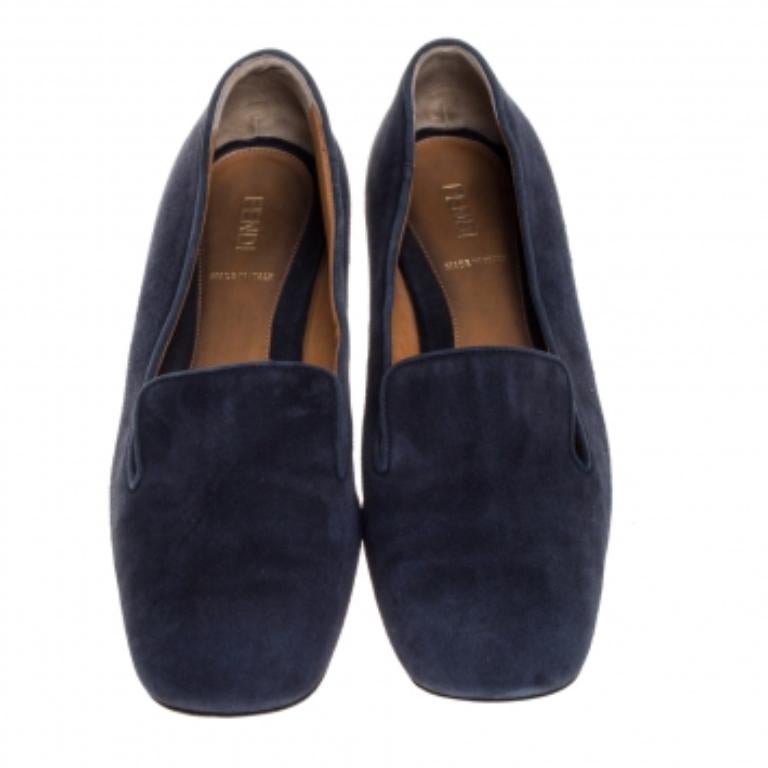 Women's Fendi Navy Blue Suede Studded Heel Smoking Slippers Size 38 For Sale