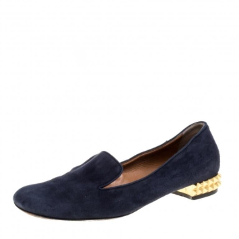 Fendi Navy Blue Suede Studded Heel Smoking Slippers Size 38 For Sale 2