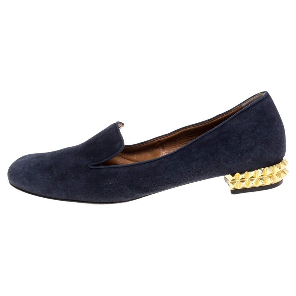Fendi Navy Blue Suede Studded Heel Smoking Slippers Size 38