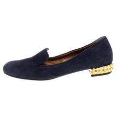 Fendi Navy Blue Suede Studded Heel Smoking Slippers Size 38