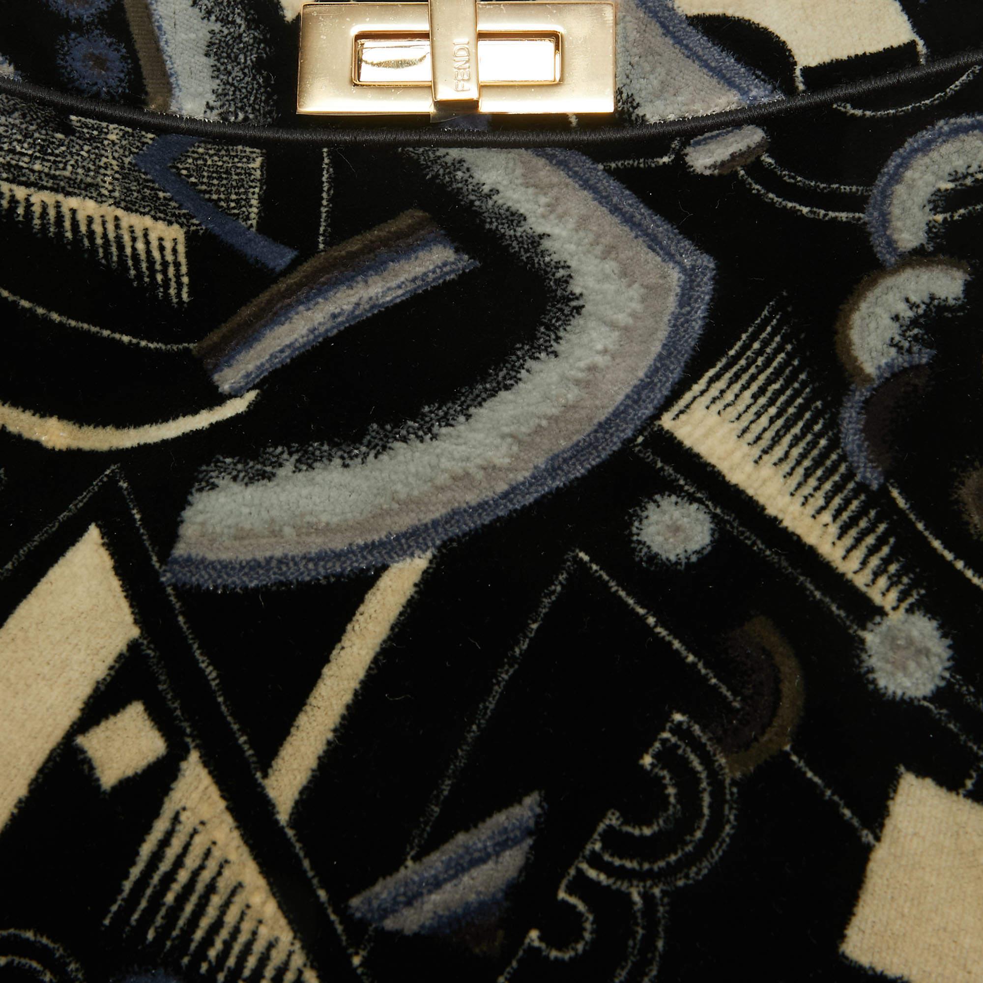 Fendi Navy Blue Velvet Medium Printed Peekaboo ISeeU Top Handle Bag In Excellent Condition In Dubai, Al Qouz 2
