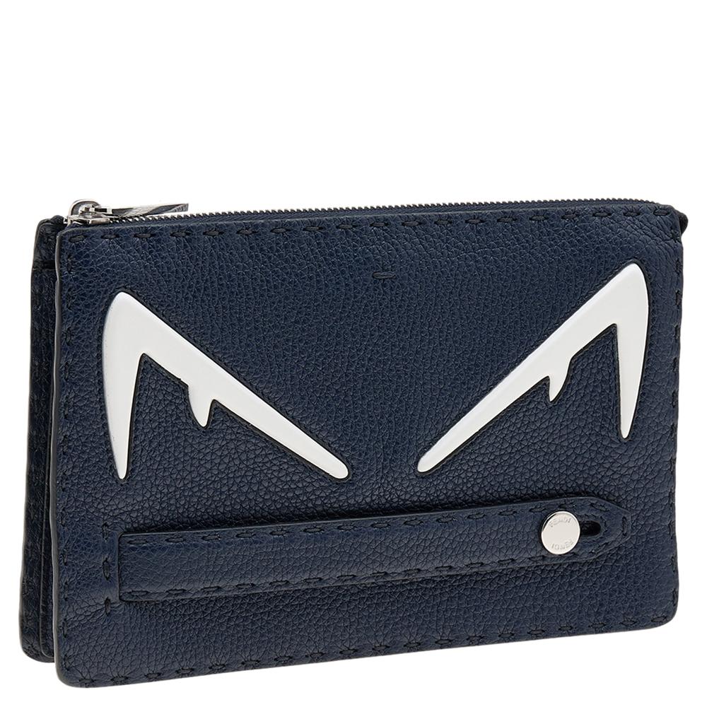 Fendi Navy Blue/White Roman Leather Bag Bugs Eyes Clutch In Excellent Condition In Dubai, Al Qouz 2