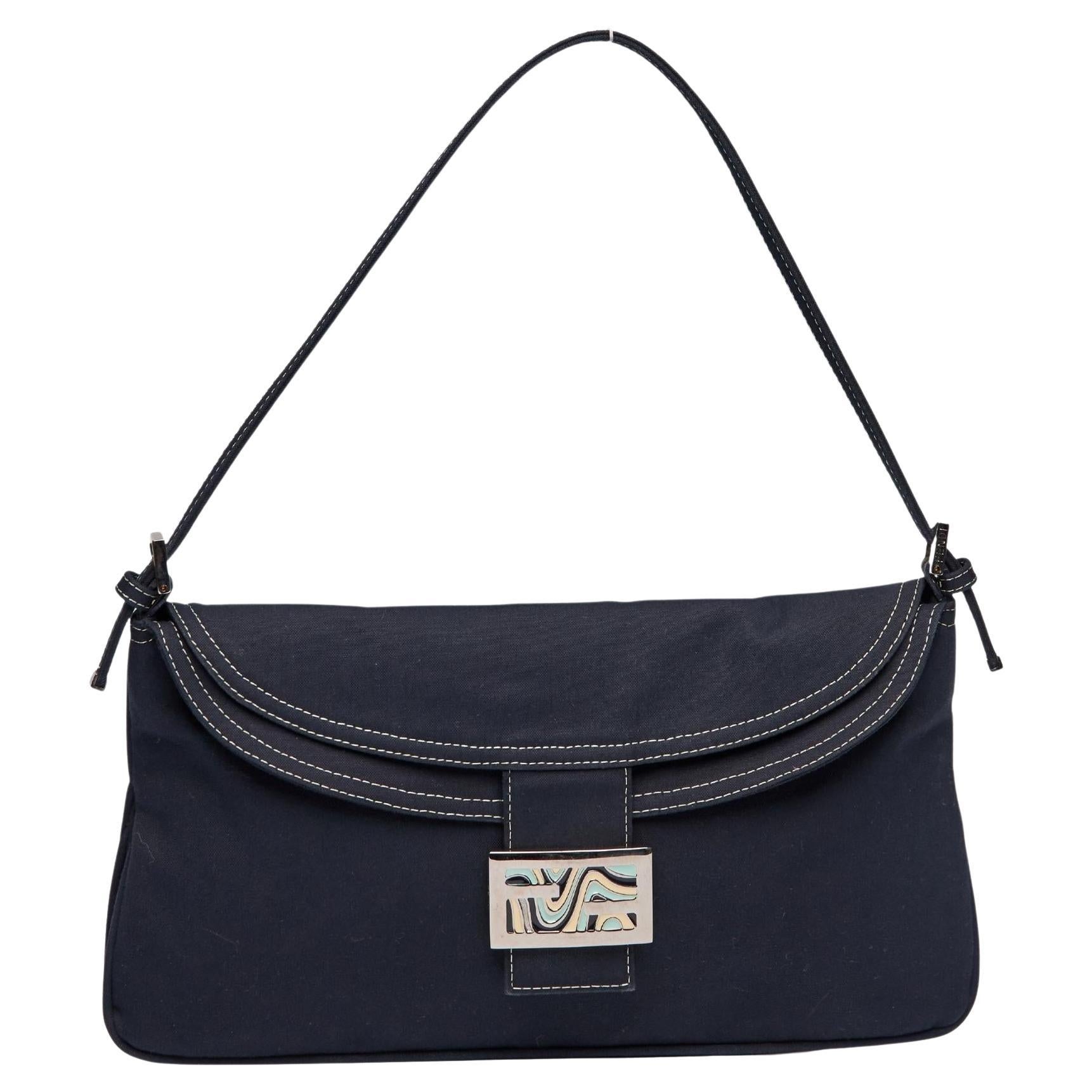 Fendi Baguette-Tasche aus Baumwolle in Marineblau im Angebot