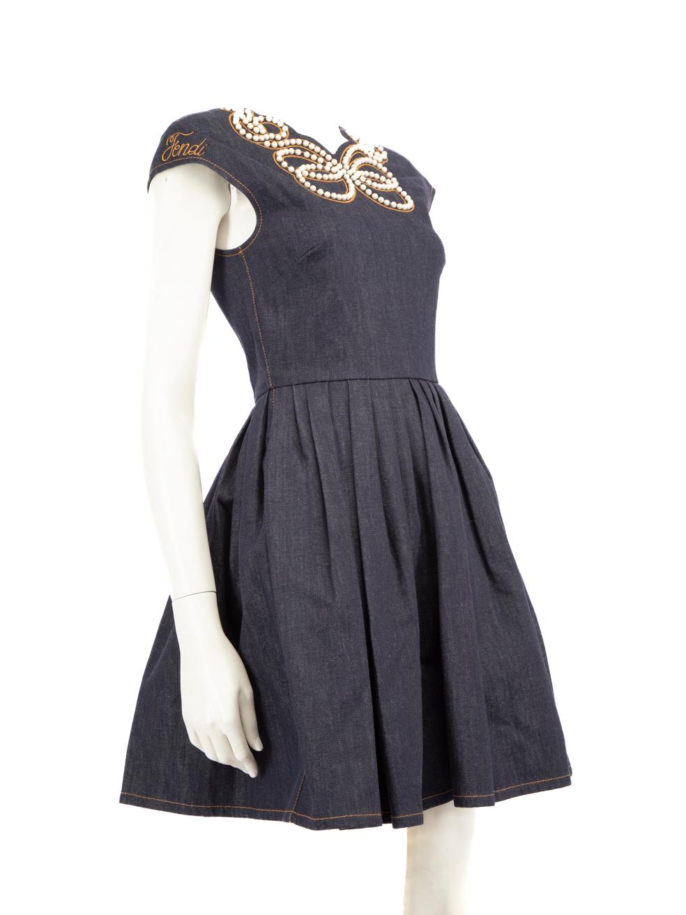 CONDITION is Very good. Hardly any visible wear to Dress is evident on this used Fendi designer resale item.
 Details
 Navy
 Cotton
 Dress
 Knee-length
 Sleeveless
 Pearl embellished butterfly detail
 Pleated
 V neck
 Back zip fastening
 
 
 Made in