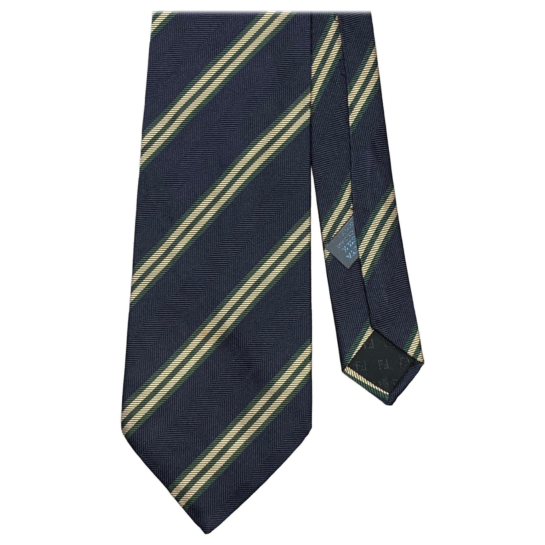 FENDI Navy Gold Diagonal Stripe Silk Tie For Sale
