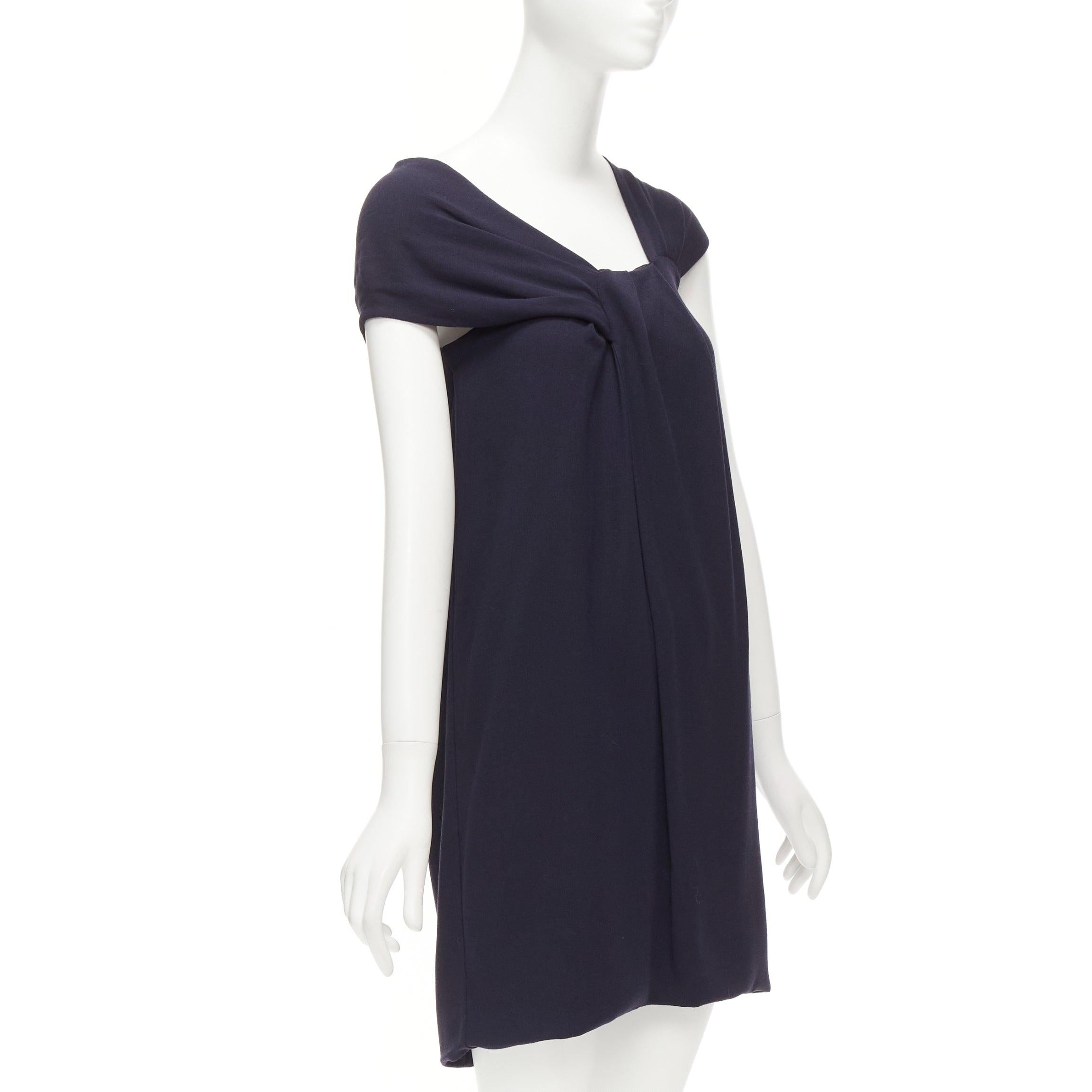 FENDI navy viscose wool asymmetric pleated collar silk lined mini dress IT38 XS In Excellent Condition For Sale In Hong Kong, NT