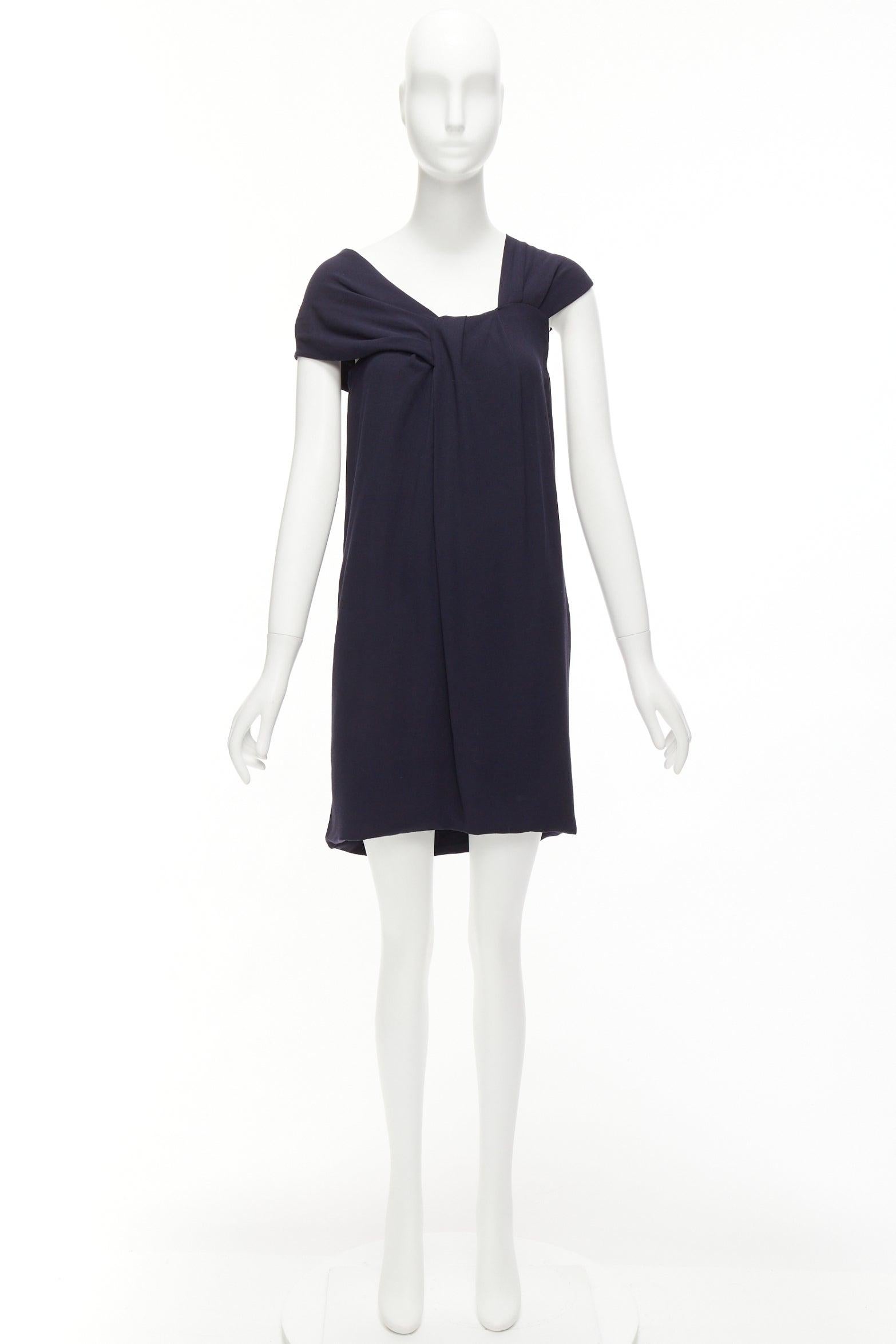 FENDI navy viscose wool asymmetric pleated collar silk lined mini dress IT38 XS For Sale 5