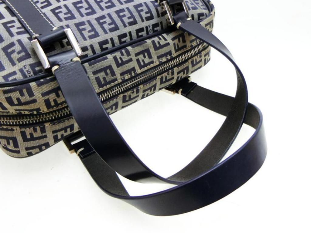 Fendi Navy Zucca Monogram Ff Boston 232696 Blue Canvas Satchel In Good Condition For Sale In Forest Hills, NY