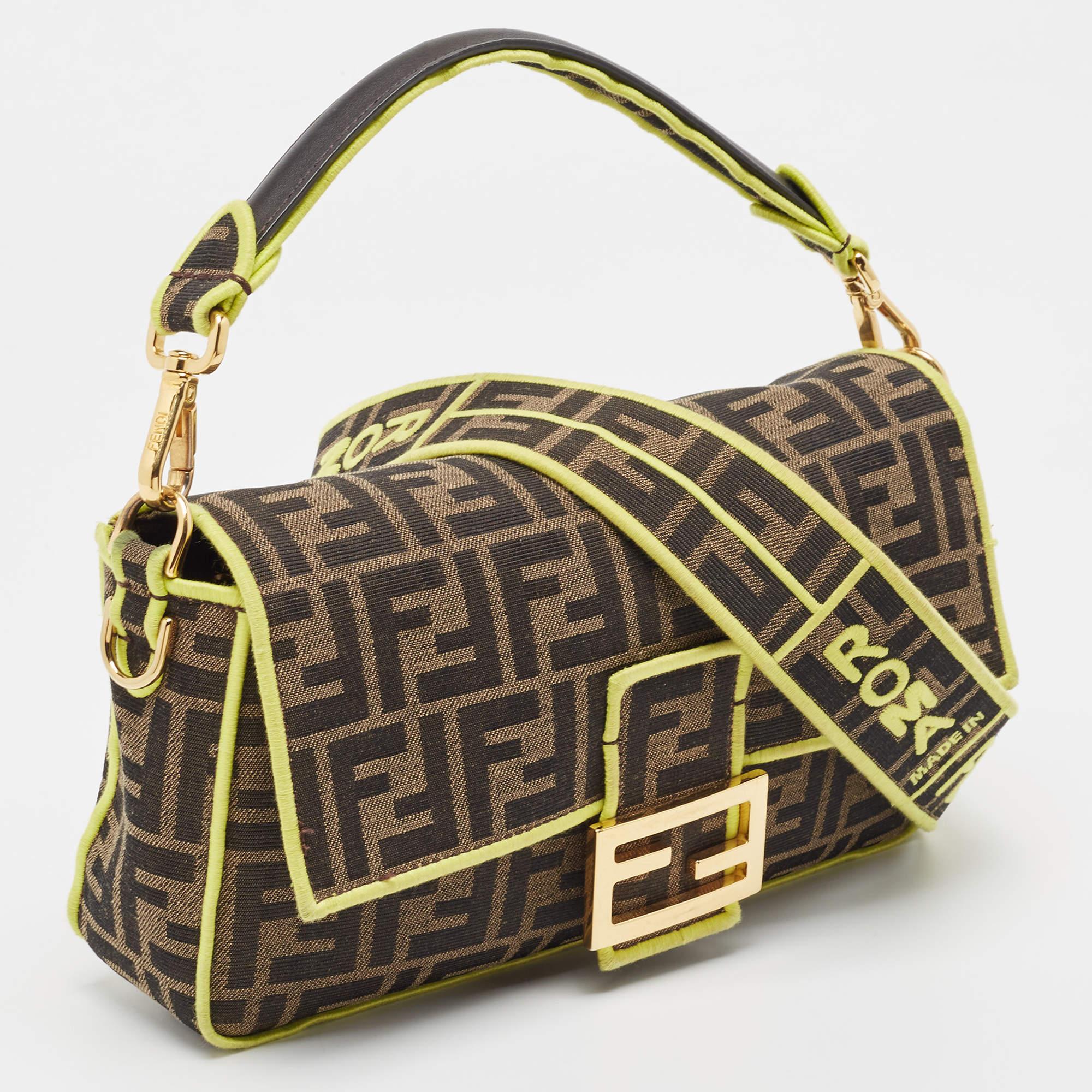 Brown Fendi Neon Green/Tobacco Zucca Canvas 1974 Roma Amor Baguette Bag