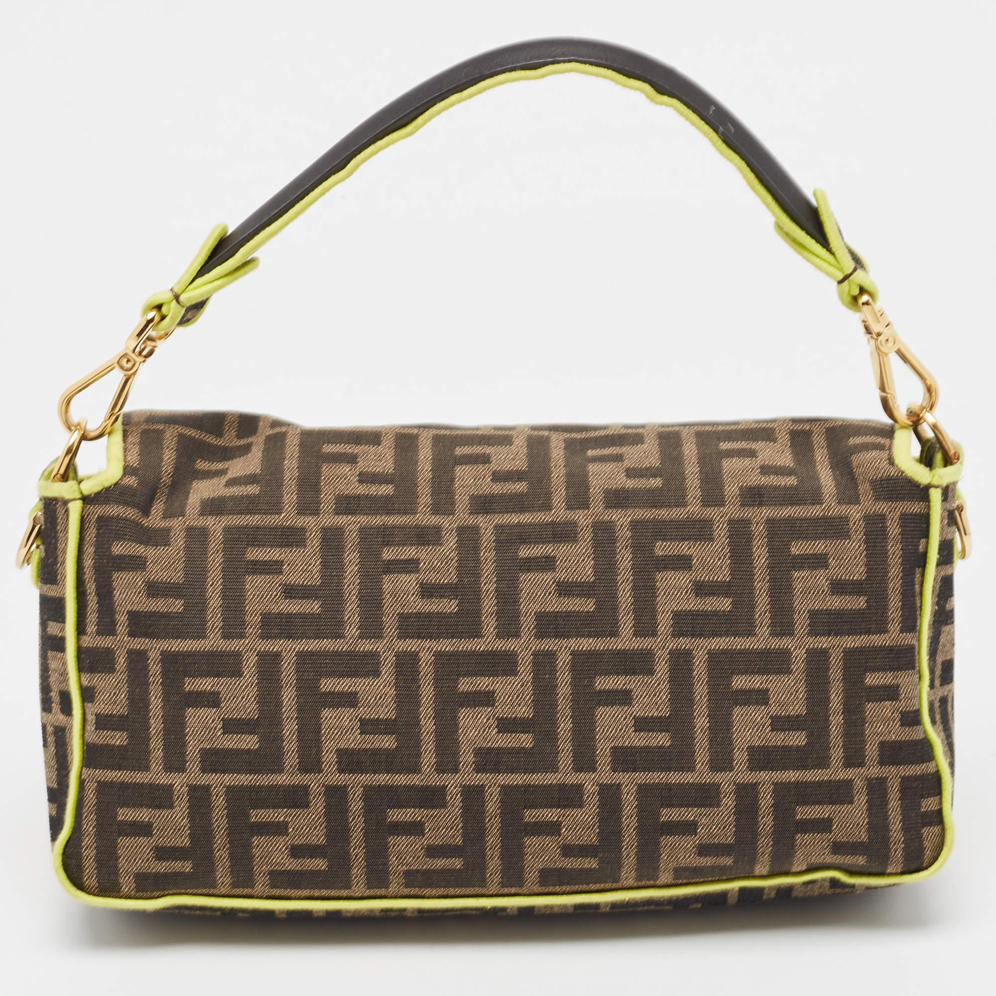 Fendi Neon Green/Tobacco Zucca Canvas 1974 Roma Amor Baguette Bag In Good Condition In Dubai, Al Qouz 2