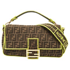 Used Fendi Neon Green/Tobacco Zucca Canvas Large Baguette Shoulder Bag