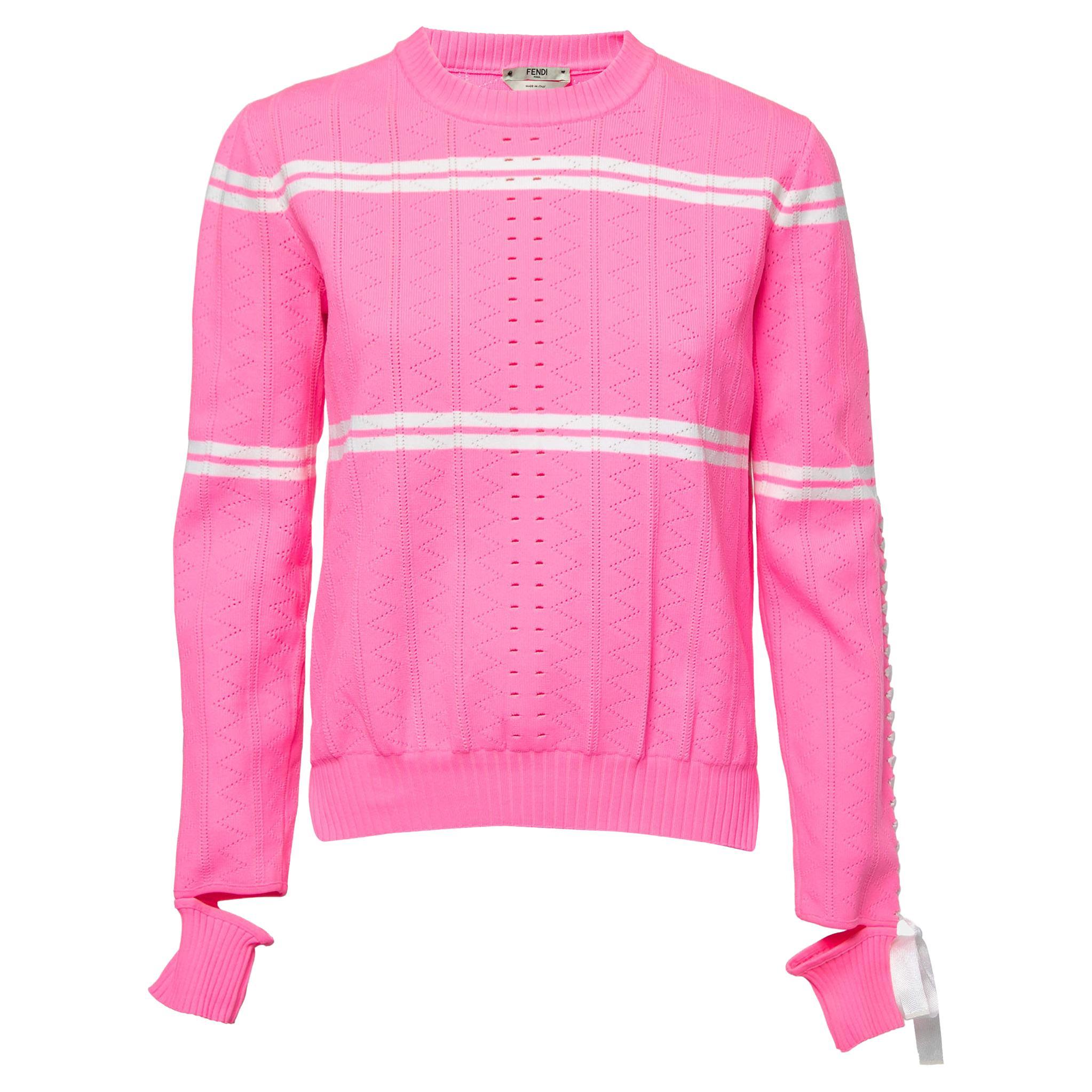 Fendi Neon Pink Striped Knit Ribbon Detail Jumper M For Sale
