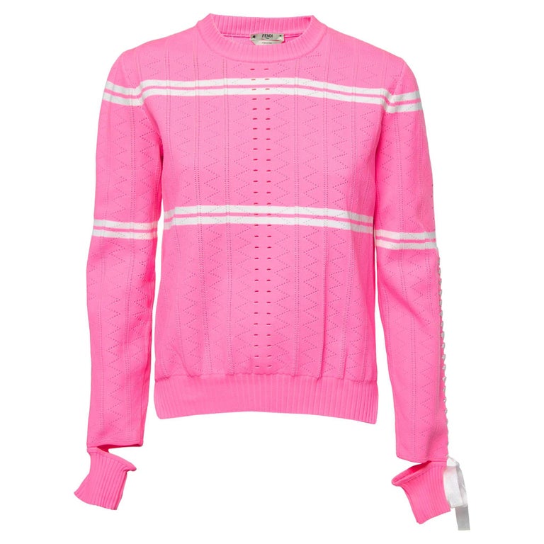 Fendi - Pull en tricot rayé rose fluo avec rubans M En vente sur 1stDibs