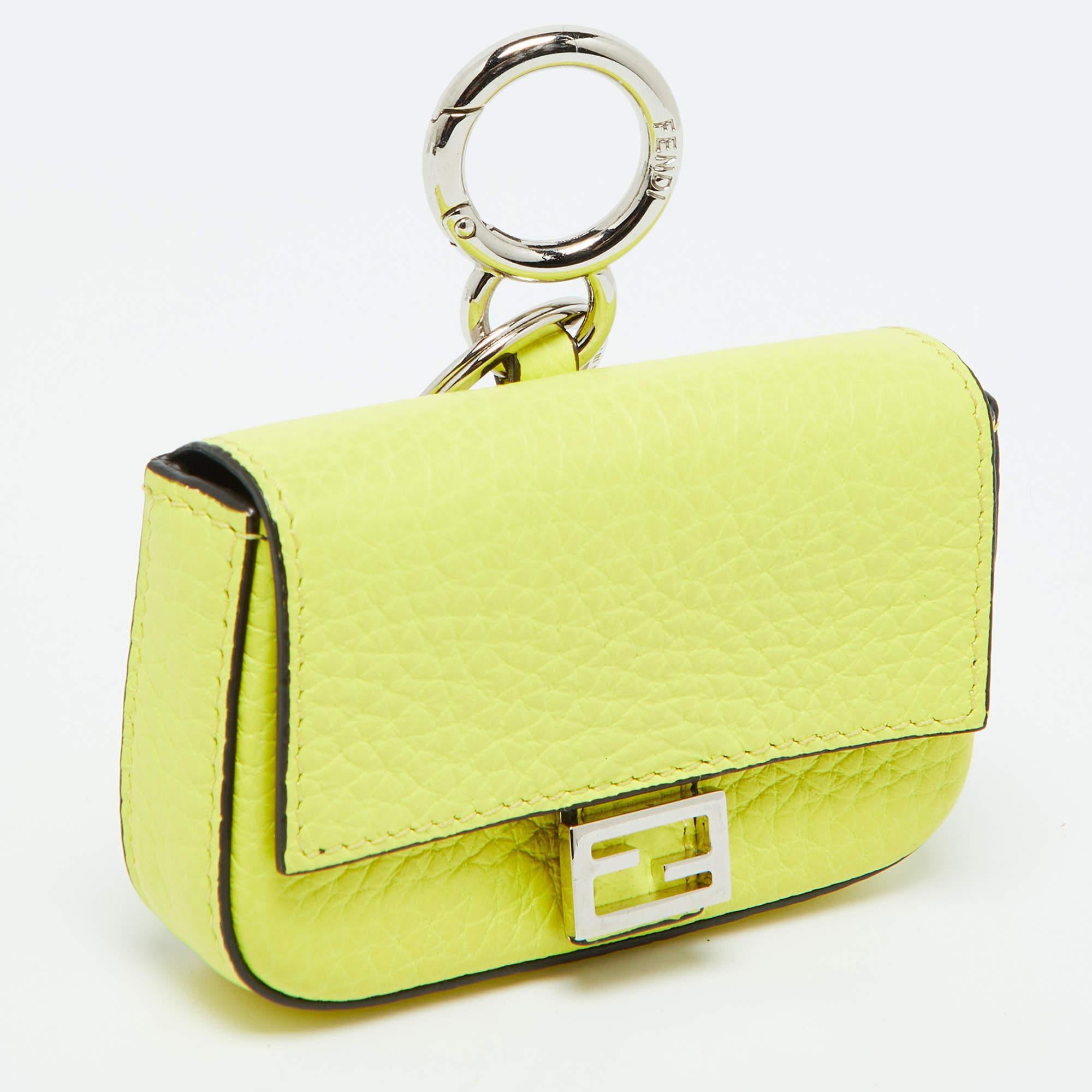 Fendi Neon Yellow Leather Nano Baguette Keychain/Bag Charm In Good Condition In Dubai, Al Qouz 2