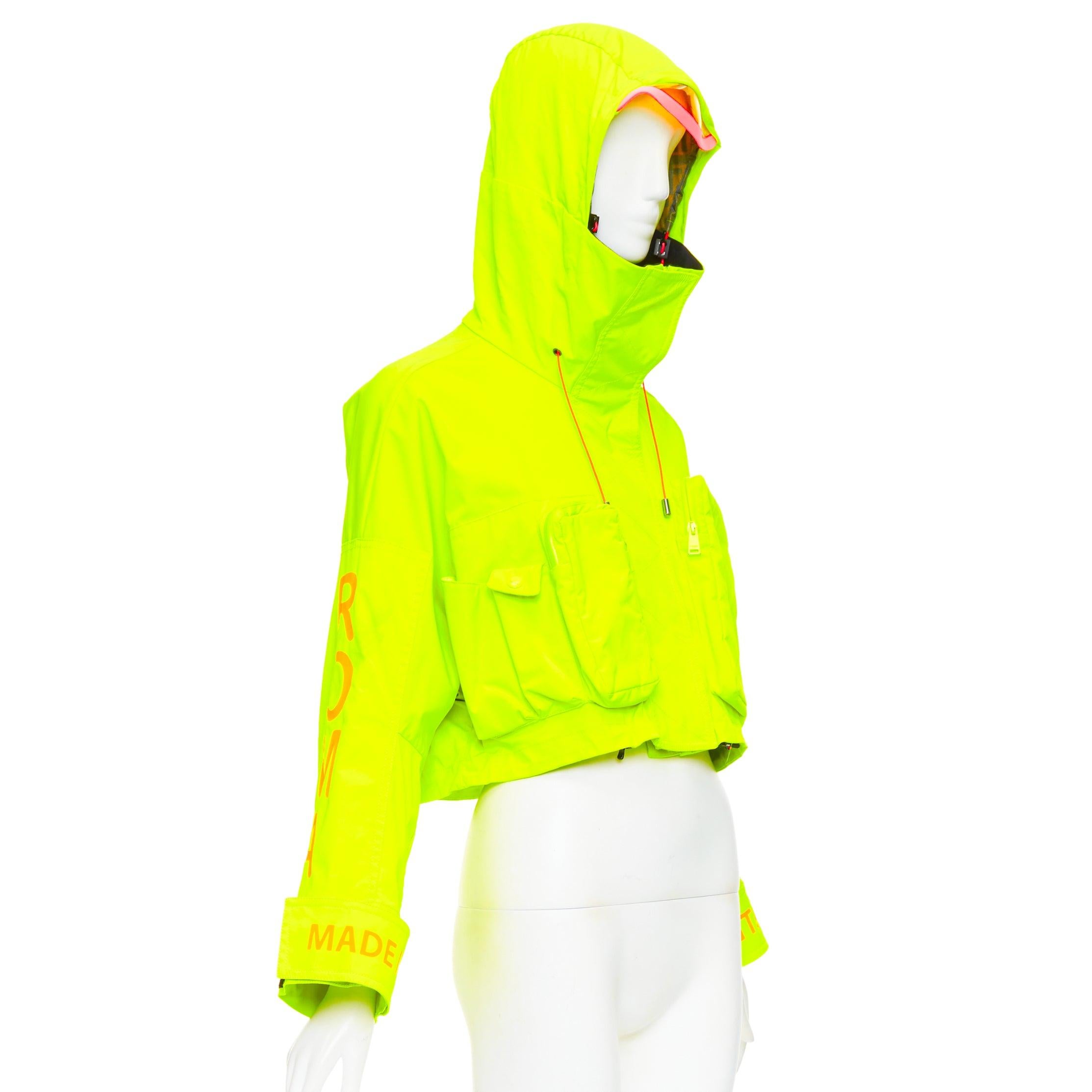 FENDI neon yellow orange roma logo multi pocket cropped anorak IT36 XXS In Excellent Condition For Sale In Hong Kong, NT