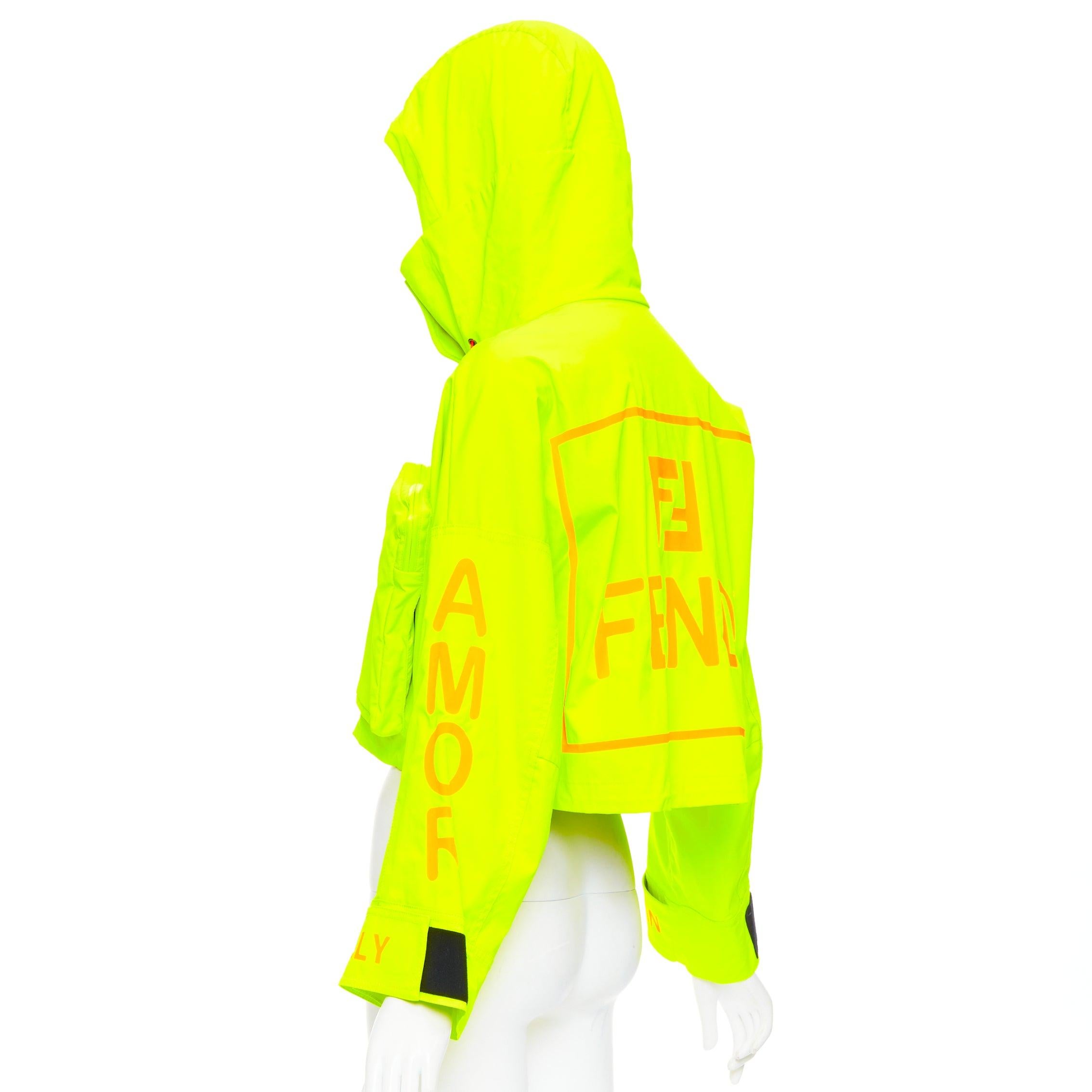 FENDI neon yellow orange roma logo multi pocket cropped anorak IT36 XXS For Sale 1