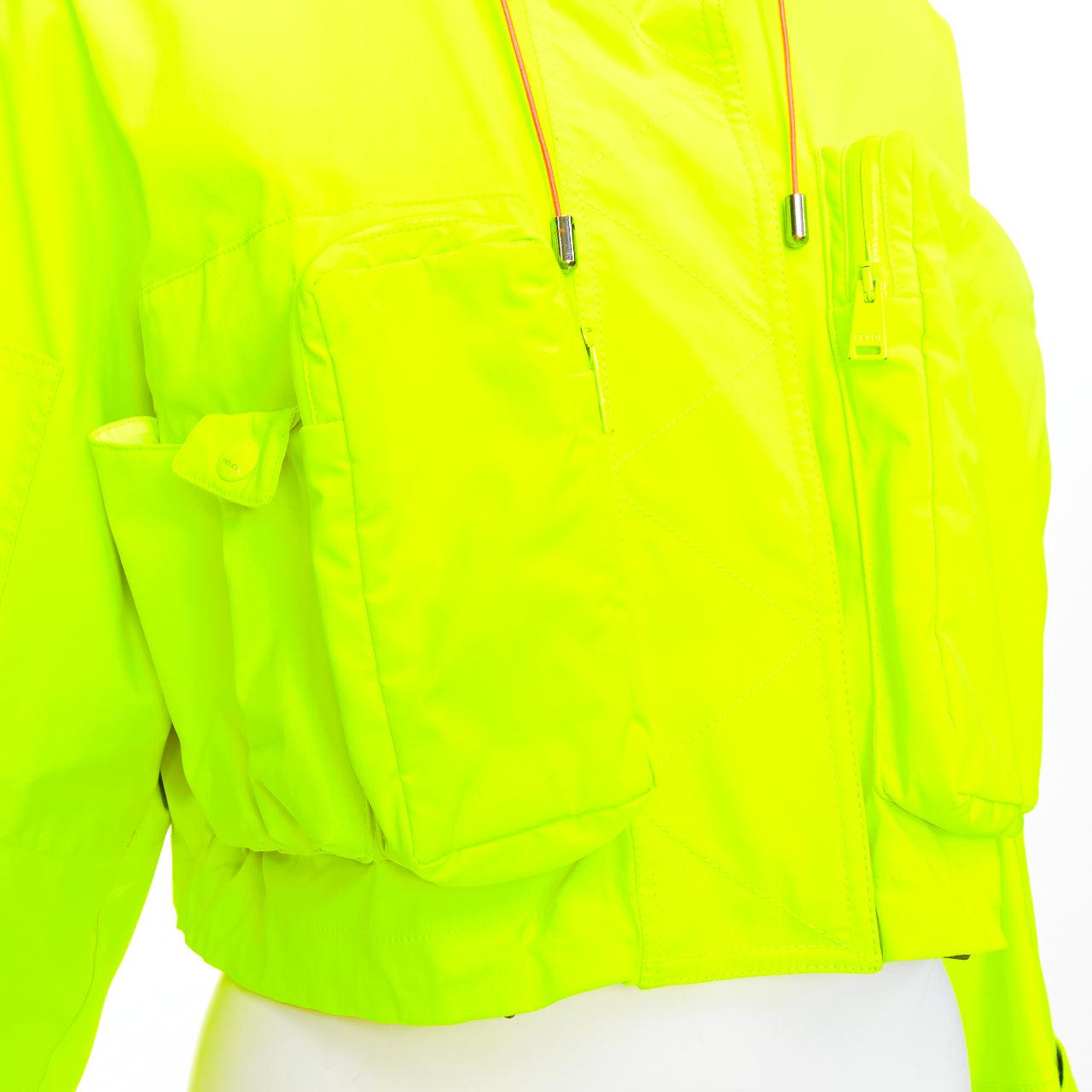 FENDI neon yellow orange roma logo multi pocket cropped anorak IT36 XXS For Sale 3