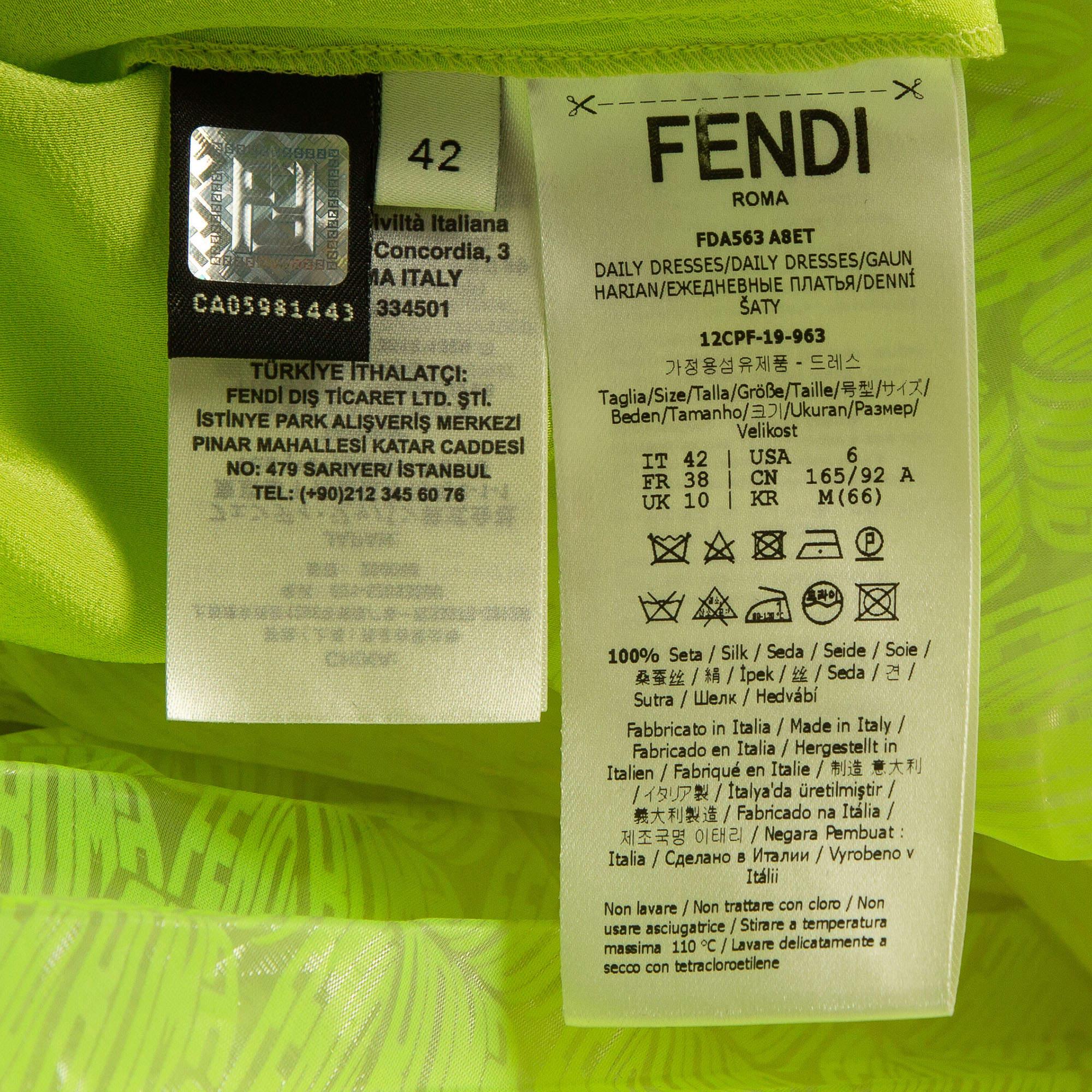 Fendi Neon Yellow Printed Synthetic Pleated Bleated Midi Dress M In Excellent Condition For Sale In Dubai, Al Qouz 2