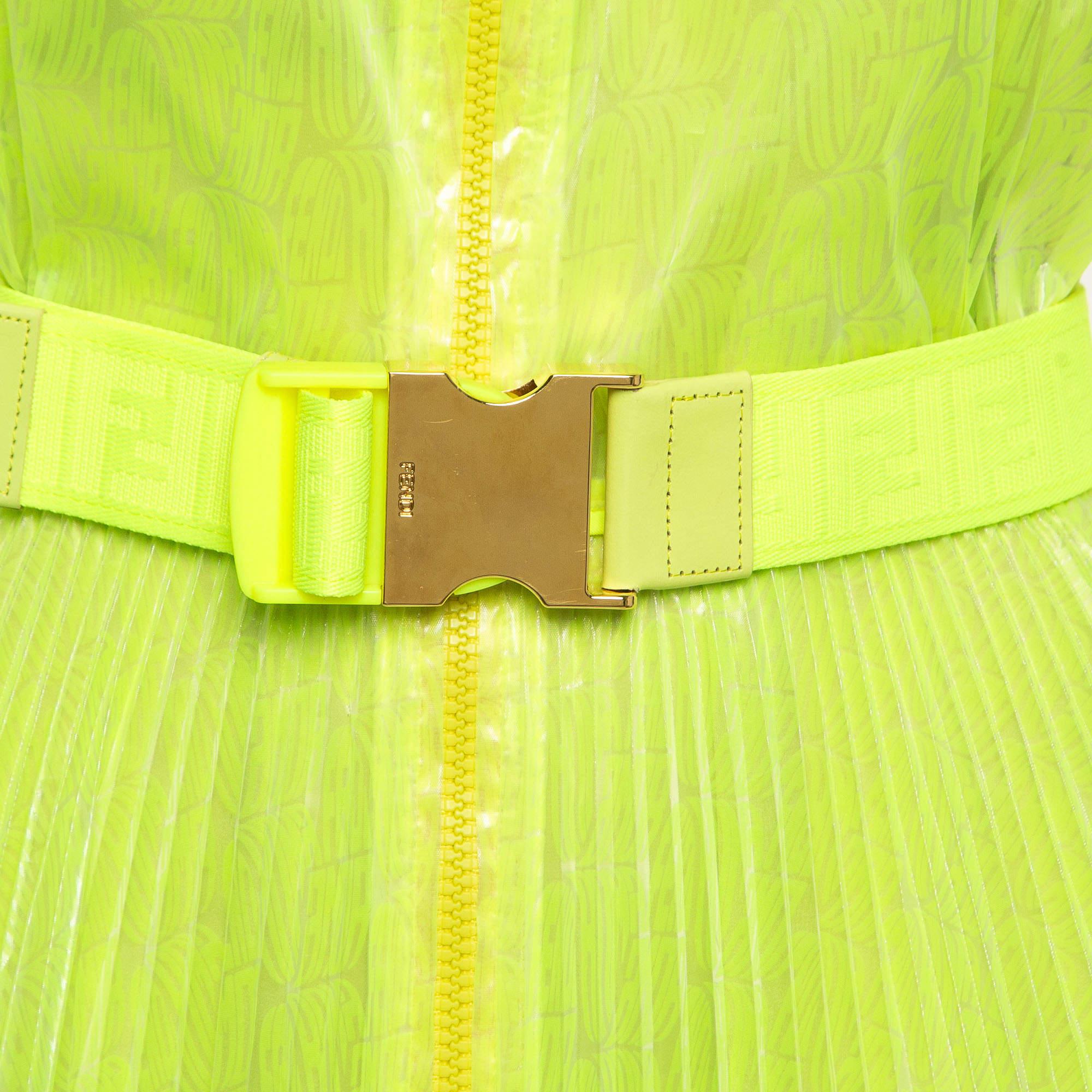 Fendi Amarillo Neón Estampado Sintético Plisado Vestido Midi M en venta 1