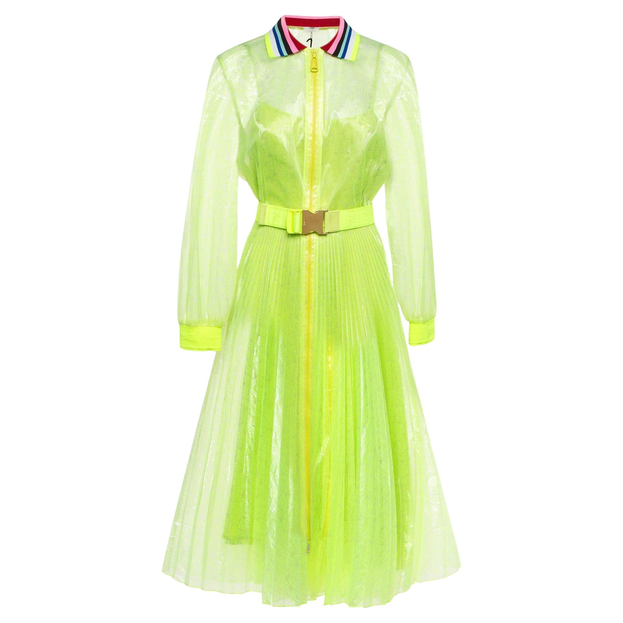 Fendi Neon Yellow Printed Synthetic Pleated Bleated Midi Dress M For Sale