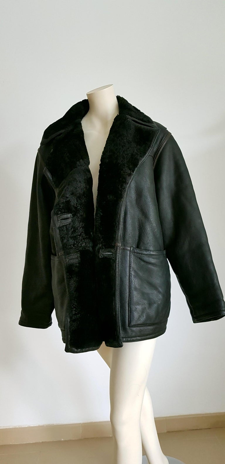 Fendi New Black Leather Brown Stripes Shearling Collar Coat Jacket Unworn