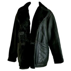 Used FENDI "New" Black Leather Brown Stripes Shearling Collar Coat Jacket - Unworn